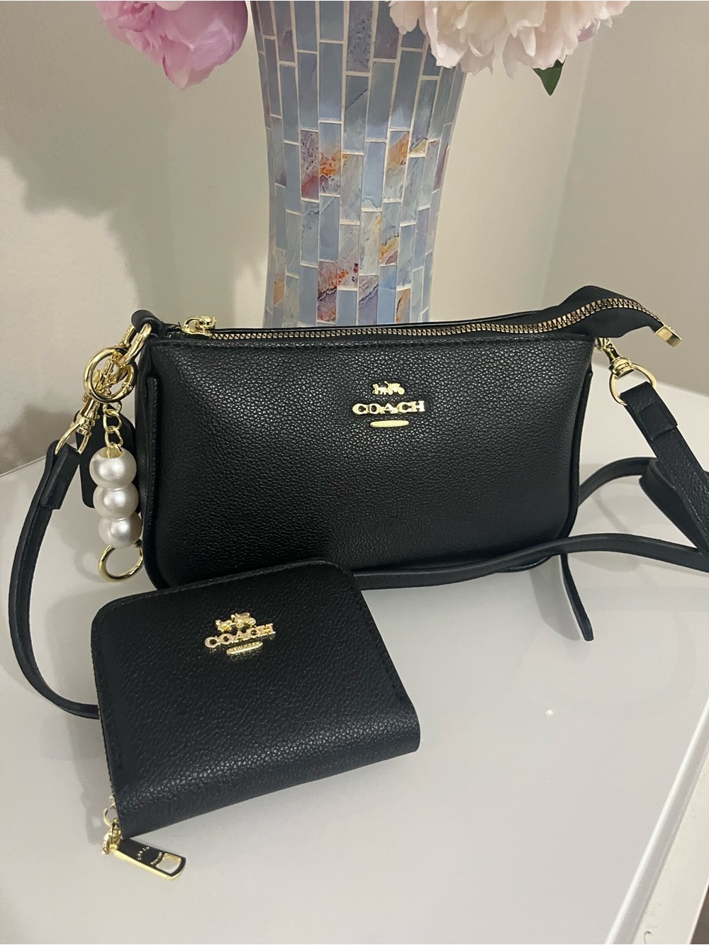 Coach Black Pebbled Leather Crossbody with Matching Wallet and Pearl Charm